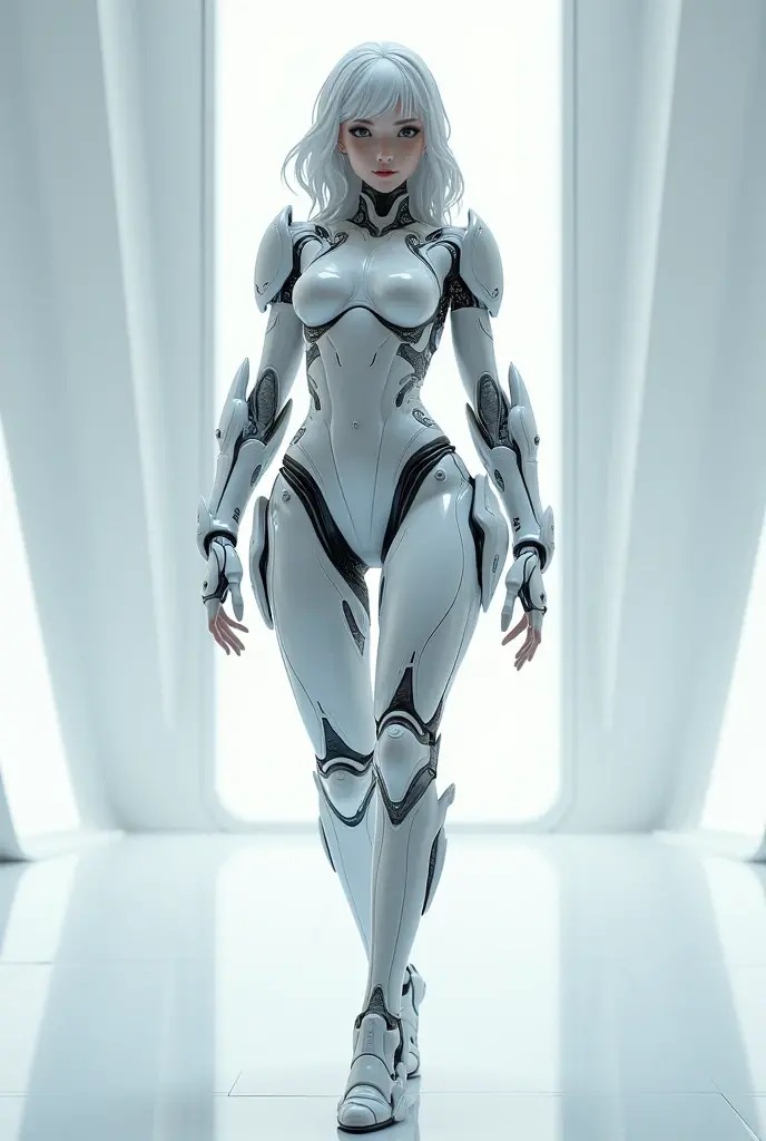 Create a robot with white armor as much as a woman's gender similar to a person without a face closer to realism