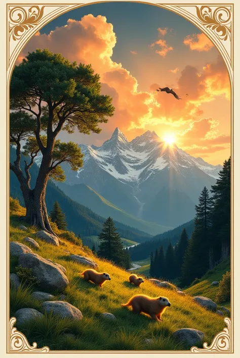 Create a masterpiece, in the best quality, in the style of a 1930s magazine cover.
Foreground: mountainous hill full of grass and some rocks, large oak and birch trees on the left, several marmots running in the meadow.
Background: dramatic sunrise sky, ve...