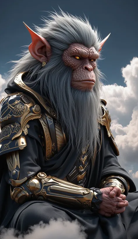 A detailed, realistic, and highly detailed meditation pose in a cloud, a calm-looking humanoid handsome monkey character, digital art humanoid monkey character with a calm expression, wear golden chinese god of war myth armor, close-up portrait, realistic,...