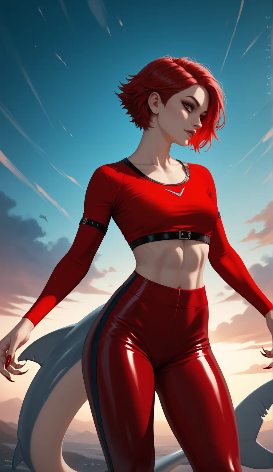 Slim shark girl wearing a red top and red sports pants without shoes made of desaturated sky blue leather and long nails both on her hands and feet, short red hair and shark's tail 