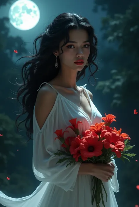 Brazilian white-skinned woman with black eyes curly black hair with hairstyle, red mouth,   long white dress , with bouquet of red flowers in her hands, Night over the moonlight  