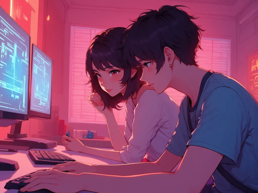 Guy and girl at computers in their room, cyberpunk style, shades of pink, wearing bottoms at home