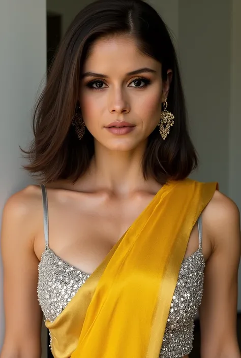 Generate a ultra realistic close up image of a woman in a golden yellow sequins sleeveless saree. She is wearing a silver shimmering blouse with mirror sequins. It has no sleeves, has a silver satin finish with spaghetti straps. Face and body facing straig...