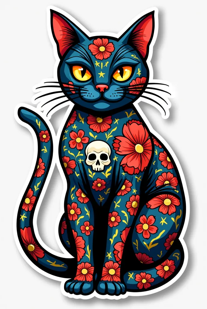 Super tattooed cat, colorful, in neotraditional style, for sticker  