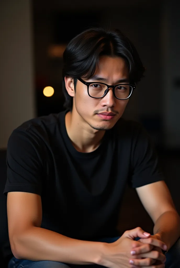 a handsome malay man, long hair, wearing glasses, 35 years old, his face is nervous and big eye, wearing a black t shirt, sitting in front of a lot of many malaysian ringgit and flying, in a dark living room, just light and bright lights