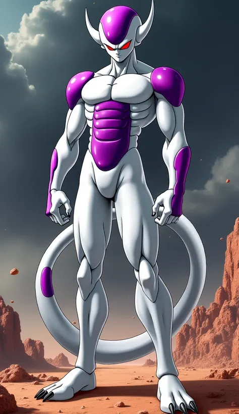 Create an ultra-detailed and highly accurate digital illustration of Frieza (Freeza) in his Final Form, perfectly replicating Akira Toriyama's original art style from Dragon Ball Z. He should have a sleek, elegant, and muscular humanoid body with smooth, g...