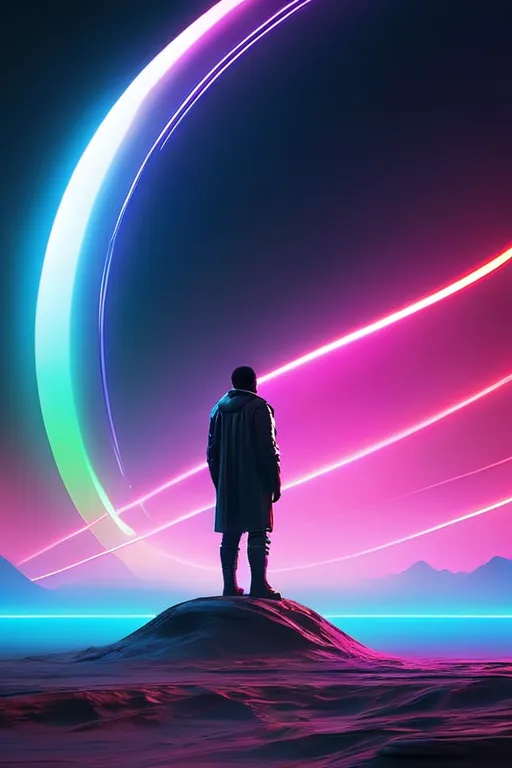 Prompt : « Un personnage regardant vers un horizon digital infini, with neon effects and a futuristic vision, inspiring atmosphere. »

