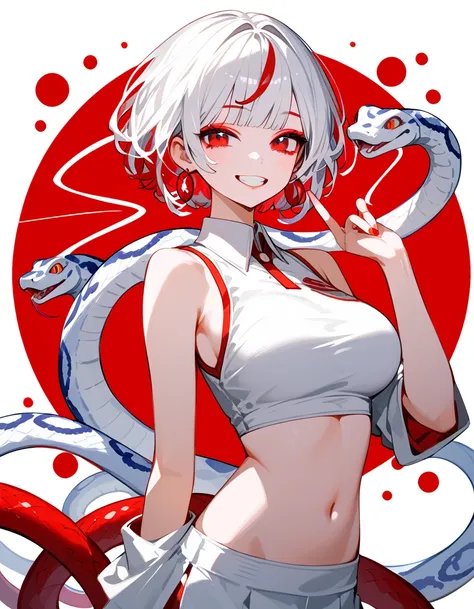 girl, white hairเข้ม, in bright red eyes , red eyeshadow, short hair ,girlงู,Miko,Oroji ,Snake Hair ,In a venomous eye, ,Sasha menu ,big breasts, Sleeveless Top,Long sleeve ,, with white earrings ,Multi-colored hair, multi colour hair, white hair, Light Re...