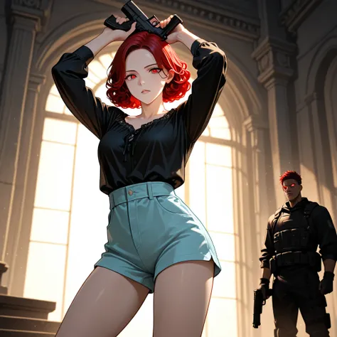 A tall woman,with extremely white skin, bright red eyes from curly short hair, black people, wearing a black long sleeve blouse and light blue shorts, Standing up holding a gun in the air