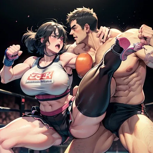 (((dynamic battle action))), (((((A male fighter and a cute girl heavyweight fighter beating each other's body and face by fist and leg so hard in the backstreet))))). (Intense violence). A fierce exchange of (dynamic attacks) with (((kickboxing))). extrem...