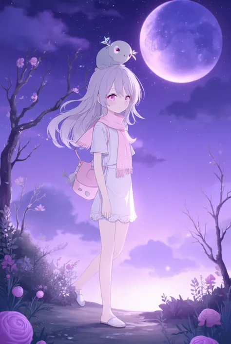 a portrait of a cute and slim anime girl with long grey hair, there is a small and grey and cute crerature on her head, it has no legs or hands with its big white eyes and black pupils. She wears white t-shirt with white slippers and a short white skirt. H...