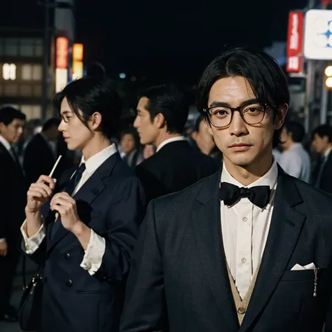  1980s, Japanese, 20th Generation, Sanada Hiroyuki reference, Takenouchi Yutaka reference, Sorimachi Takashi reference, 1 person, I'm wearing a navy double breasted suit with wide shoulders, thick navy slacks, red tie, black service shoes, holding a cigare...