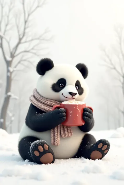 Generate aesthetic Winter Panda: A panda in a scarf, sipping hot cocoa.

White plan background 