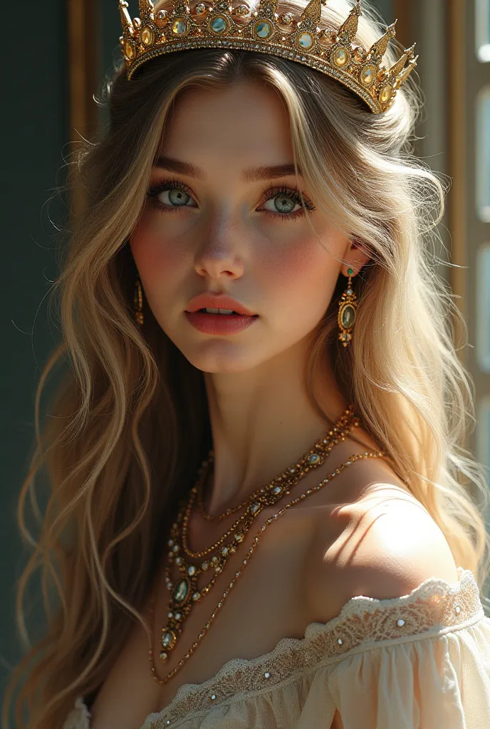 1 fille, Breasts,  long hair, blue eyes, blonde hair, brown hair, jewelry, very detailed, Highlighted Hair, Makeup, Crown, Realism, 