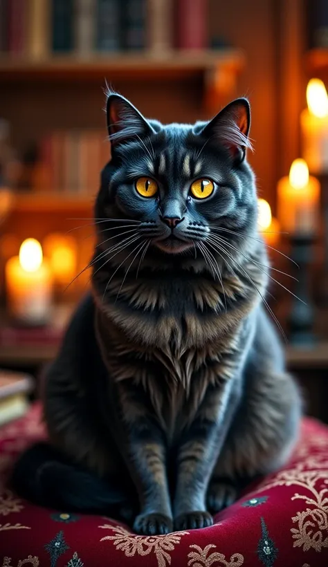 A majestic cat with large, glowing golden eyes sits gracefully on an ornate velvet cushion. Its fur shimmers with an ethereal mix of deep black and streaks of silver, giving it a mysterious, almost magical aura. The cat’s gaze is intense and wise, as if it...