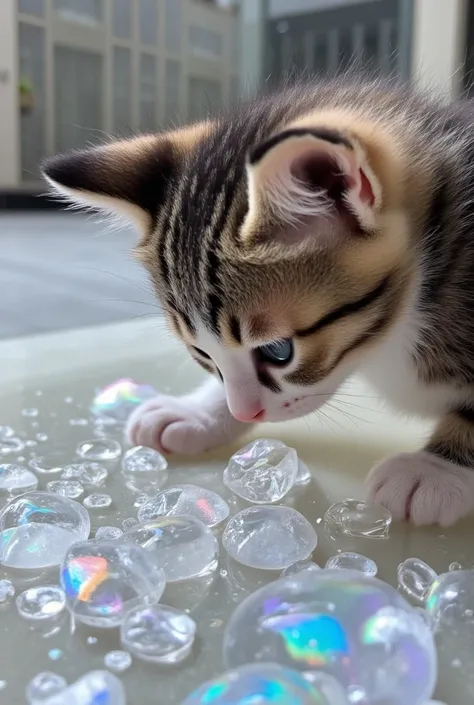 closeup zoom,(macro:1) photo,cute kitty cat plays on,(mandelbulb fractals:4) thousand shards of colorful glass candy on an opalescent countertop,condensation,effervescent,detailed,intricate,key light,backlight,fill light,three-point lighting, nebulae bubbl...