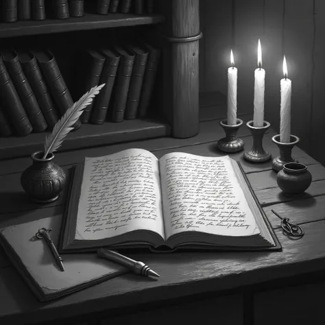 A monochrome illustration of an open diary on a wooden desk, its pages filled with elegant handwriting, surrounded by quills, inkpots, and flickering candles in a medieval study.