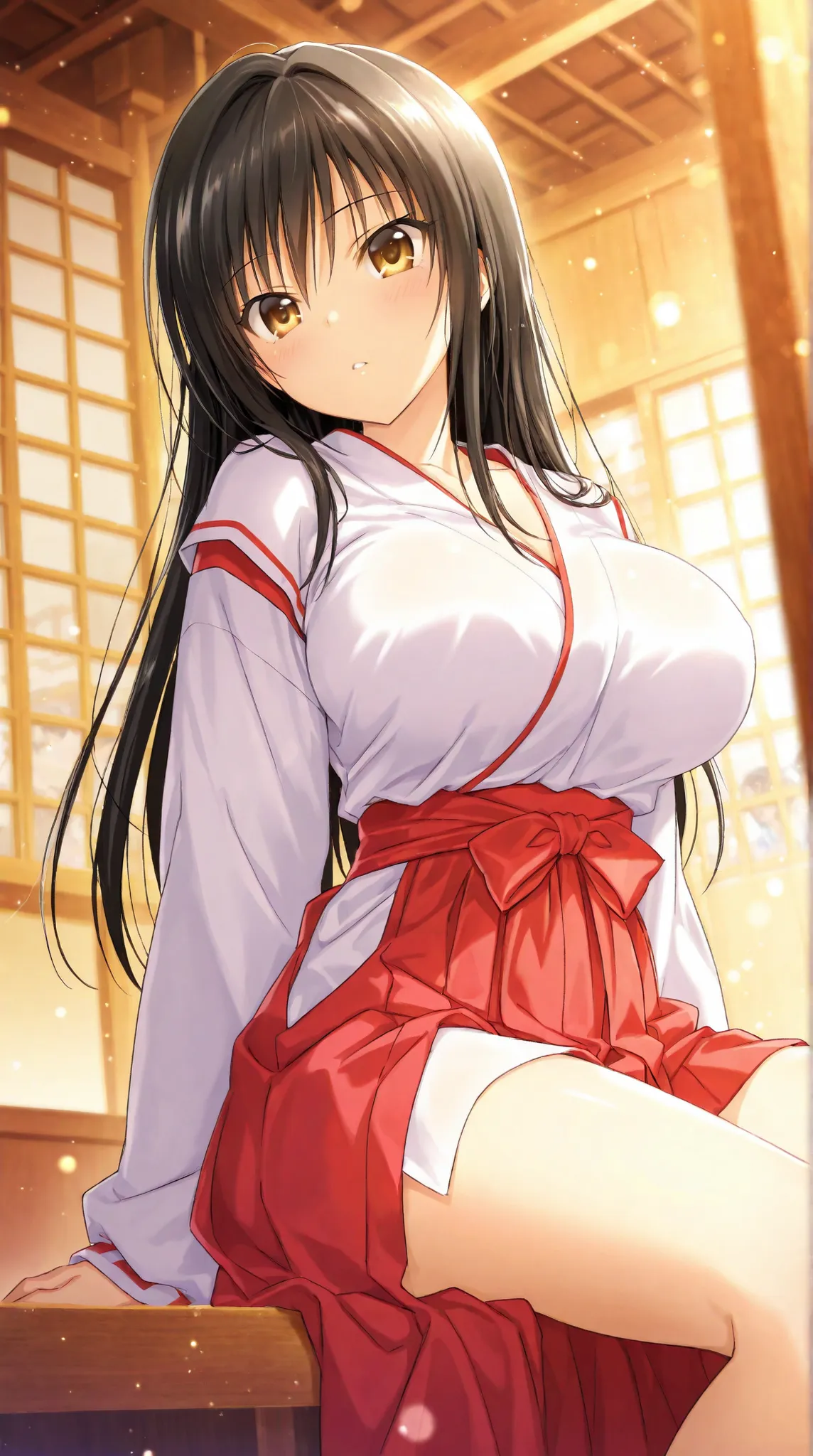 {kotegawa yui},{ to loveru darkness},Detailed particles, depth_of_field, high resolution, high quality, ,uniform, sexy,, high quality, high resolution olution, detailed image, beautiful girl, beautiful to the eye,Japanese room，，，big breast，shrine maiden，，S...