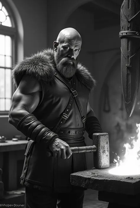 Black and white image of a Viking blacksmith forging a sword