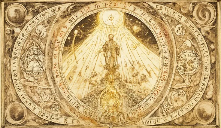 A grand esoteric manuscript illustration depicting the rise of the Knights Templar. At the center, a towering Templar knight, illuminated with golden mystical energy, stands as a symbol of power. Encircling him, intricate geometric patterns and runes form ...