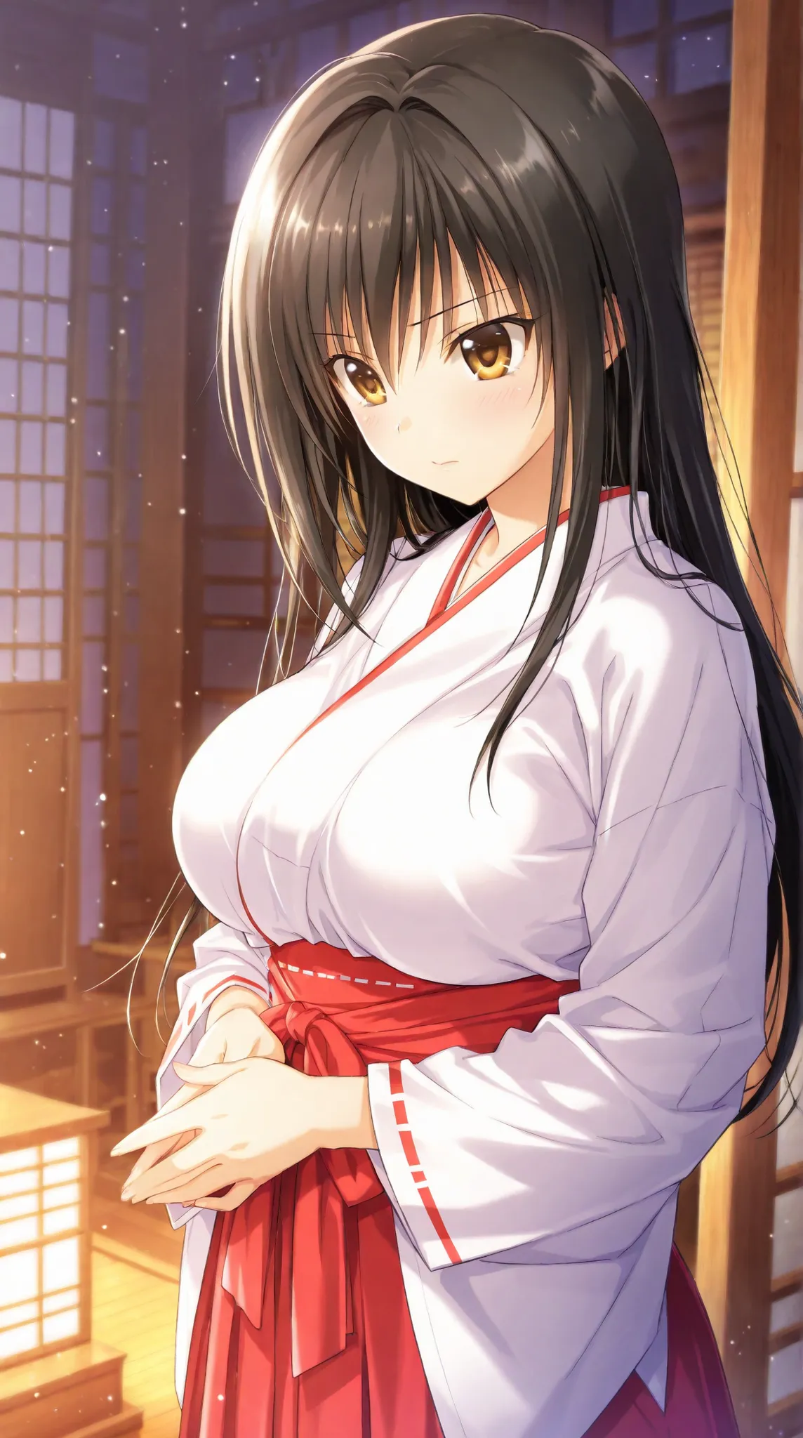 {kotegawa yui},{ to loveru darkness},Detailed particles, depth_of_field, high resolution, high quality, ,uniform, sexy,, high quality, high resolution olution, detailed image, beautiful girl, beautiful to the eye,Japanese room，，，big breast，shrine maiden，，S...