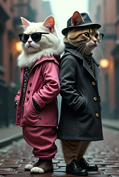 Trendsetter Tina, a stylish white Persian cat with fluffy fur, oversized sunglasses, a chunky silver chain, and a pink and black galaxy baggy streetwear outfit standing back to back with realistic Detective Purrlock Holmes is an grey mainecoone cat with a ...