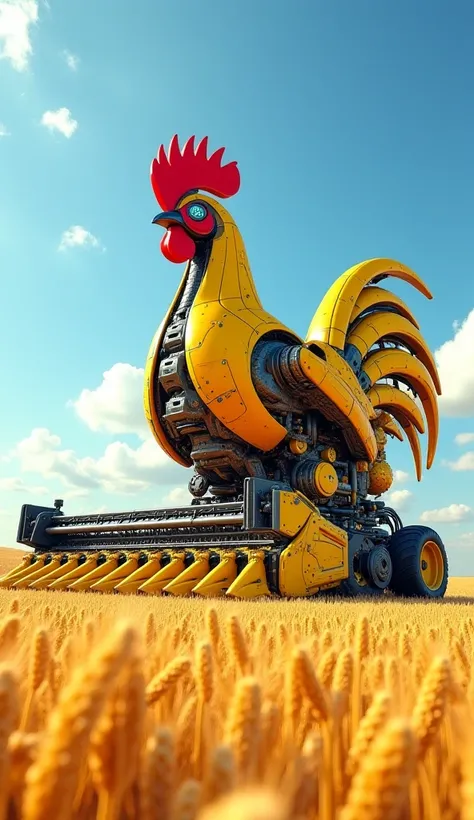 PROMPT 2:
A colossal, futuristic harvester designed in the shape of a mechanical rooster dominates a vast golden wheat field. This hybrid machine combines advanced farming technology with the fierce appearance of a giant rooster, complete with a red comb, ...