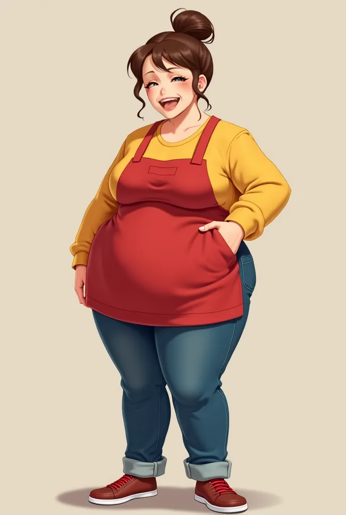 5'8"ft tall mature woman in her early 40's with green eyes and brown hair tied into a bun and a voloptuous figure(curvy and all that) wearing an earth yellow sweatshirt, jeans and a red apron. Anime style, take these images as reference. 