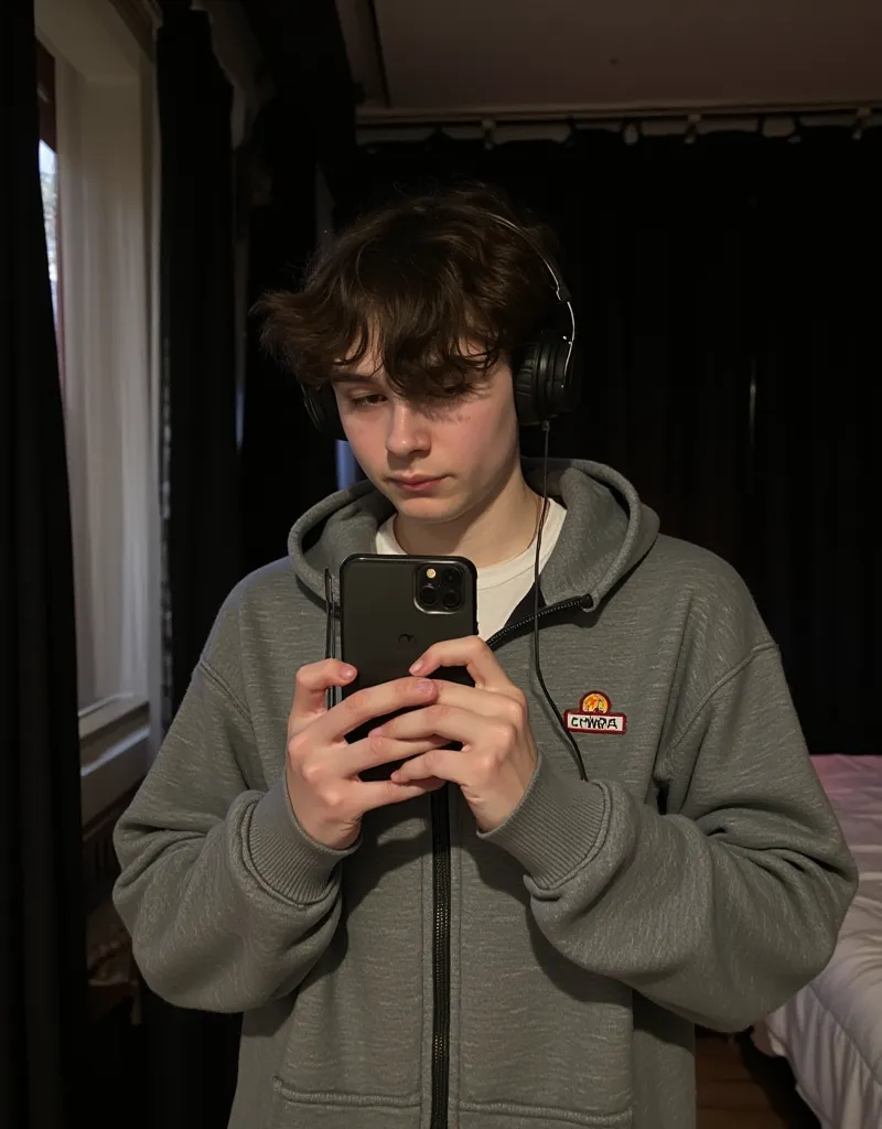 This photograph captures a young man with fair skin and dark, tousled hair taking a selfie in a dimly lit room. He is dressed in a gray, oversized zip-up hoodie with a white shirt underneath and wears black over-ear headphones. The hoodie has a small logo ...