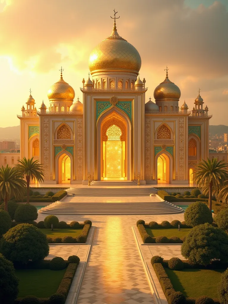 A breathtaking palace made of luminous gold and shimmering pearls stands in Jannah, its walls reflecting a divine glow. The towering gates are intricately designed with emerald and ruby embellishments, leading to a grand entrance. Soft golden light bathes ...