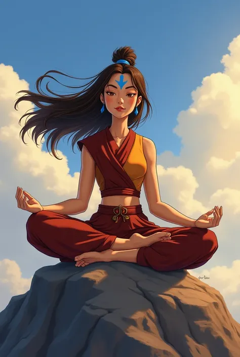 Make images for me: A very beautiful  with long brown hair flying in the wind and brown eyes She wears monk clothes she has blue arrows on her forehead, In the palm of her hands and in the palm of her feet, she is on top of a mountain in a meditation posit...