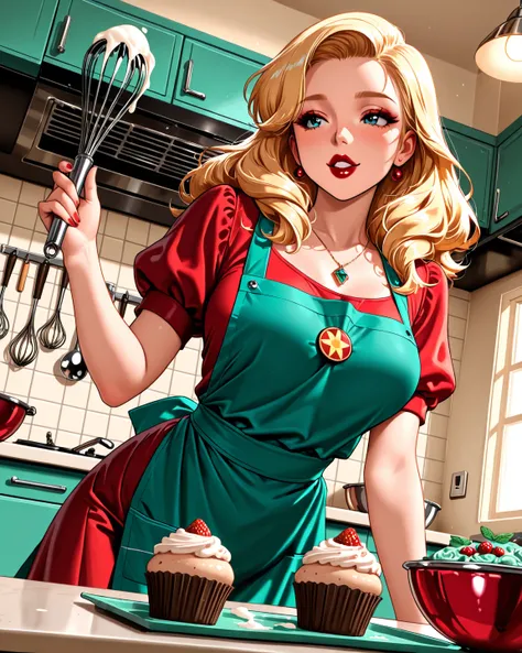 8k, Masterpiece, Top Quality, Low-angle, blonde, red lipstick, victory rolls,  red dress, teal apron,  whisk, red bowl, cupcakes, mint-green counter, retro kitchen, chrome, pendant light,  suggestive, playful, vintage, pin-up.