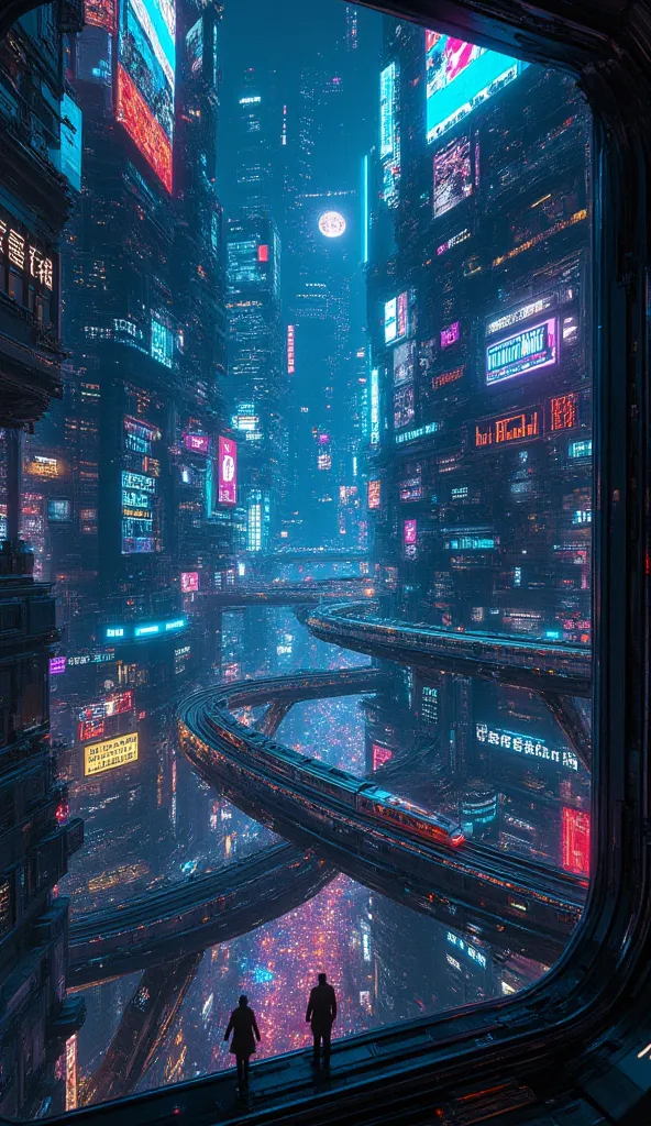 "Through the large, reinforced glass window, a breathtaking cyberpunk cityscape unfolds—an endless expanse of towering futuristic megastructures, each wrapped in an intricate web of vivid neon screens. The buildings, monolithic and sleek, are covered with ...