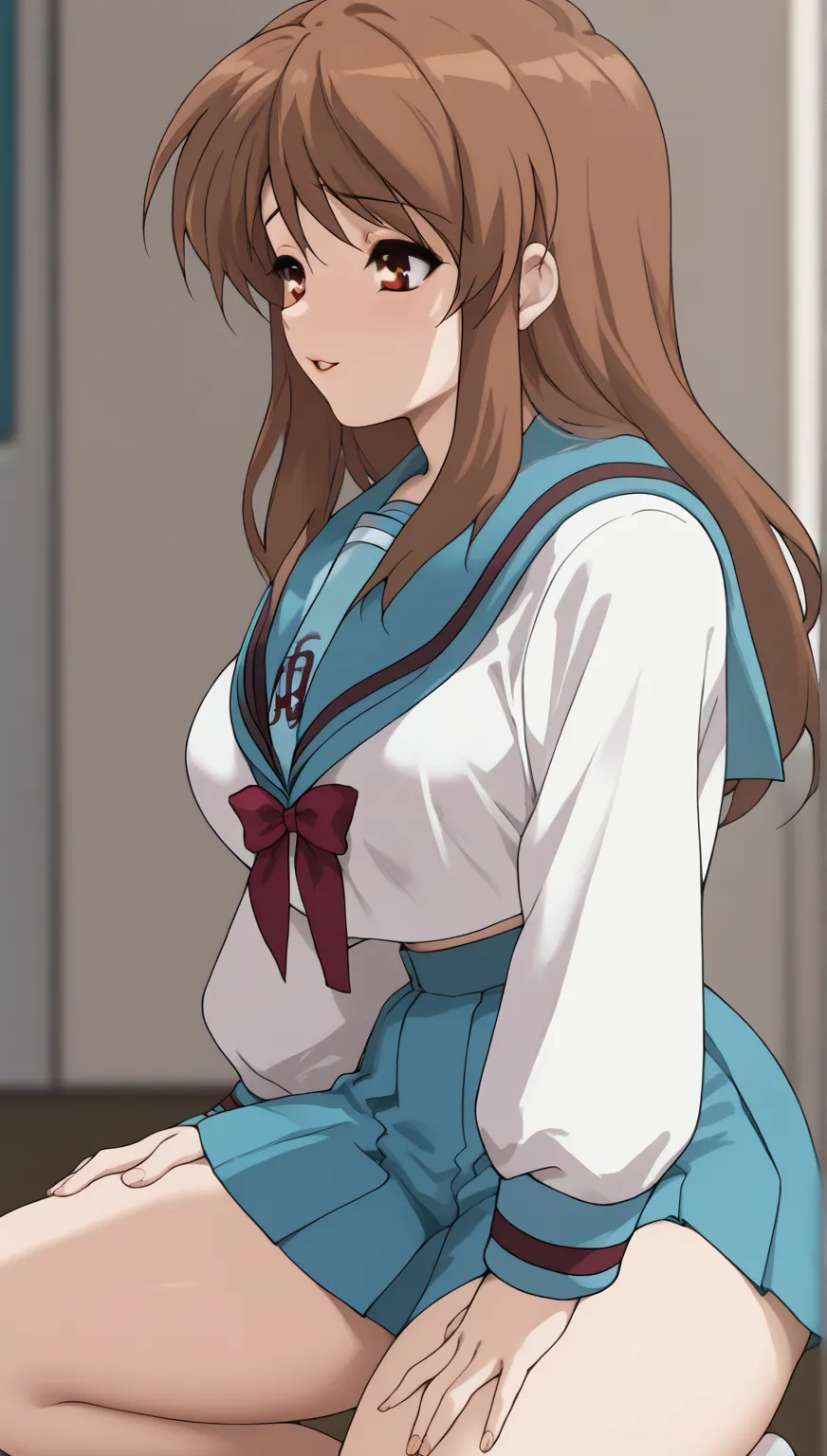 (((sailor school uniform, white long sleeve blouse, blue pleated skirt, brown hair)))), (((big)))),      intoxicated eyes   , large, round breasts  ,  look pleasure  ,  lips parted , Mikuru Asahina [Haruhi Suzumiya no Yuuutsu] ,  dark closet , crouched, ha...