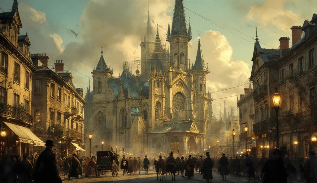 Show a Catholic church seen from the outside, in the surrounding people passing by and following their lives, ERA OF 1800. (Scenario) ( highest quality ) (Cinematic Camera) 