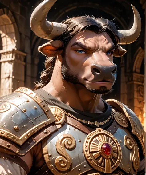 Sexy male minotaur with a smug expression.  A majestic Minotaur stands in a dimly lit labyrinthine corridor, its imposing figure illuminated by flickering torches. The creature's humanoid upper body is adorned with intricately designed armor, while its pow...