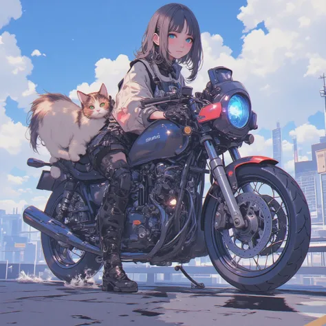 Anime girl riding a motorcycle with a cat in the back,  sitting on a cyberpunk motorcycle , riding a futuristic motorcycle,  in the style of Digital Illustration ,  motorcycle concept art , moebius + loish, cyberpunk art style,  anime vehicle art concept a...