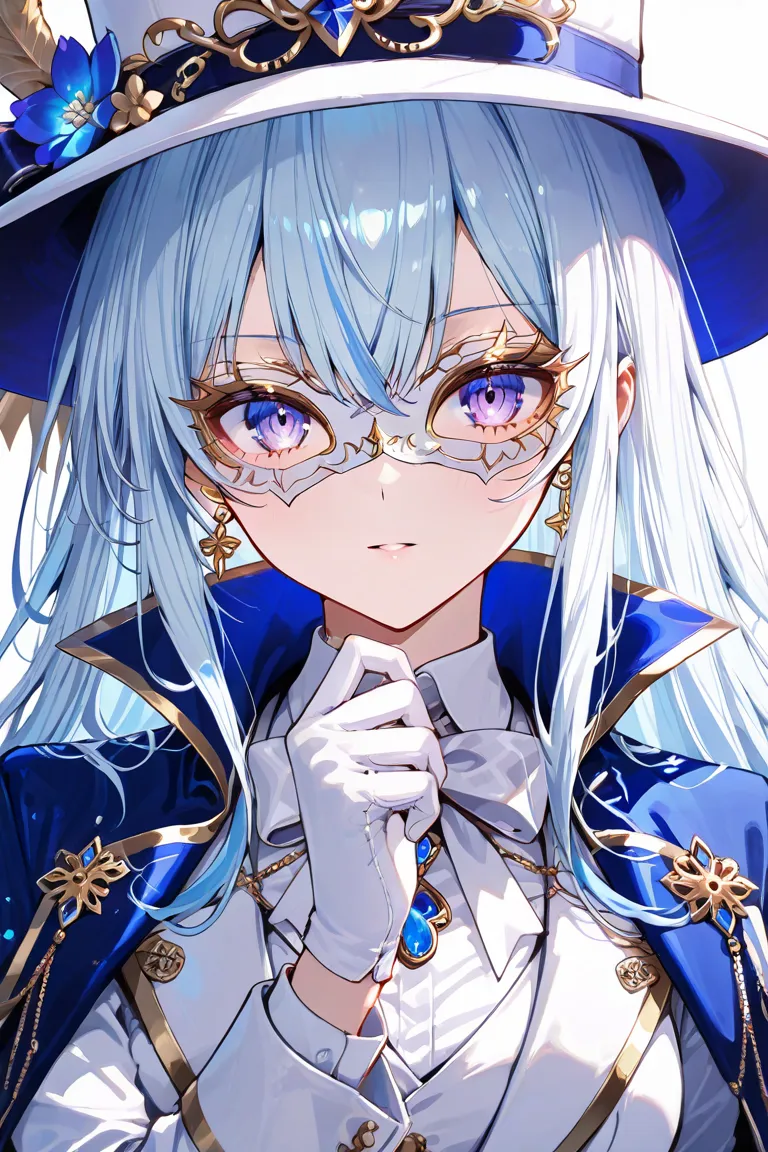 ((white colombino masquerade mask)), [[blue colombino mask]] azure mistress, light blue hair, white suit, white hat with golden stripes and blue flower, blue cape with blue flowers on shoulders, white gloves, blue amulet, golden accessories, sexy look