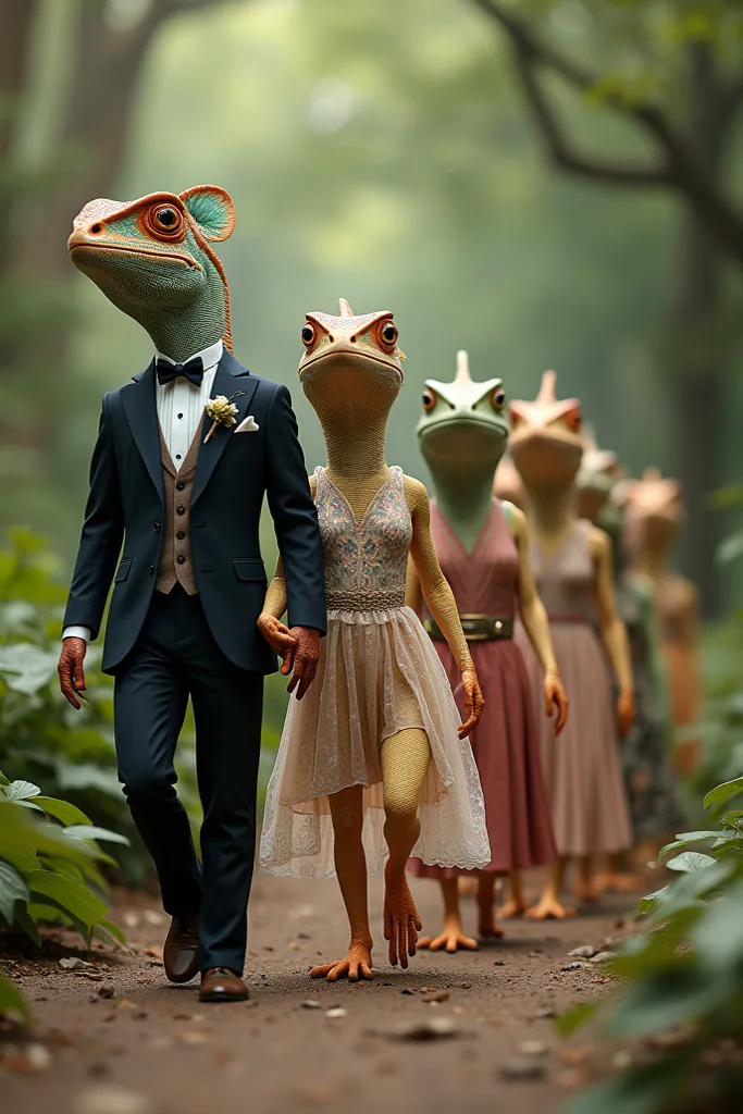 Five Calango dressed in a suit in a row holding the hand of five geckos dressed in a dress walking forward like the entrance of godparents