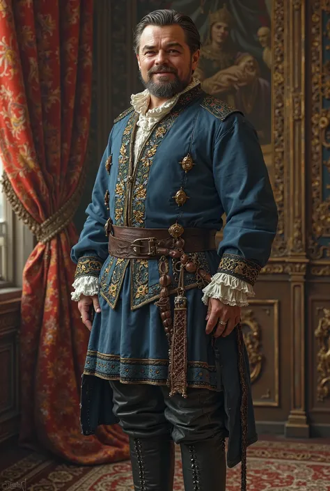 Leonardo DiCaprio aged 65,  smiling, with beard. Dressed in medieval noble attire in blue. Feet with black boots. 