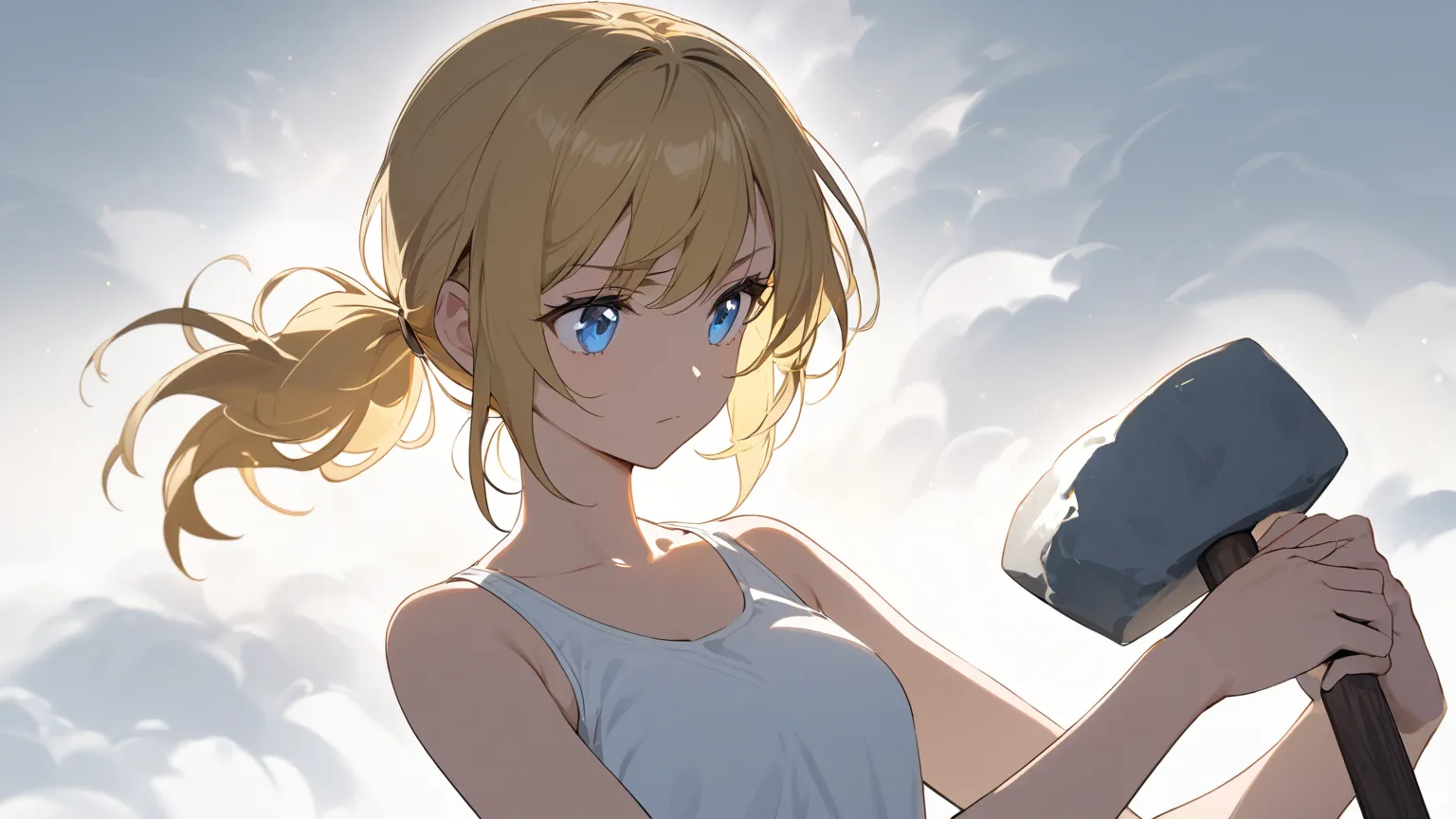 one girl，golden hair，chest is big，short ponytail， pink scrunchie，white tank top， background pure white, blue eyes、Stone Axe 