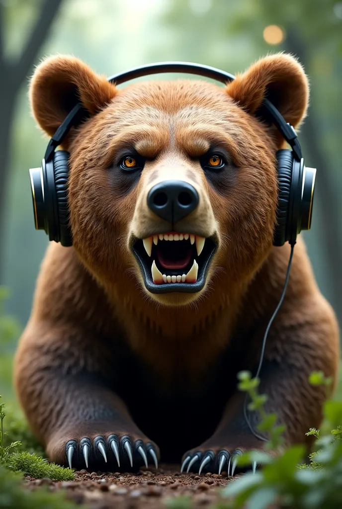 The bear doesn't like the music on the headphones, he gets angry 