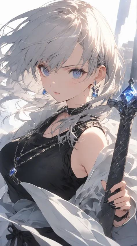 A young woman with short silver-gray hair featuring a blue gradient toward the tips. Her hair is neatly arranged above her shoulders, giving off an intellectual and light atmosphere. Her beautiful blue eyes, drawn in a cute anime style, reflect intelligenc...