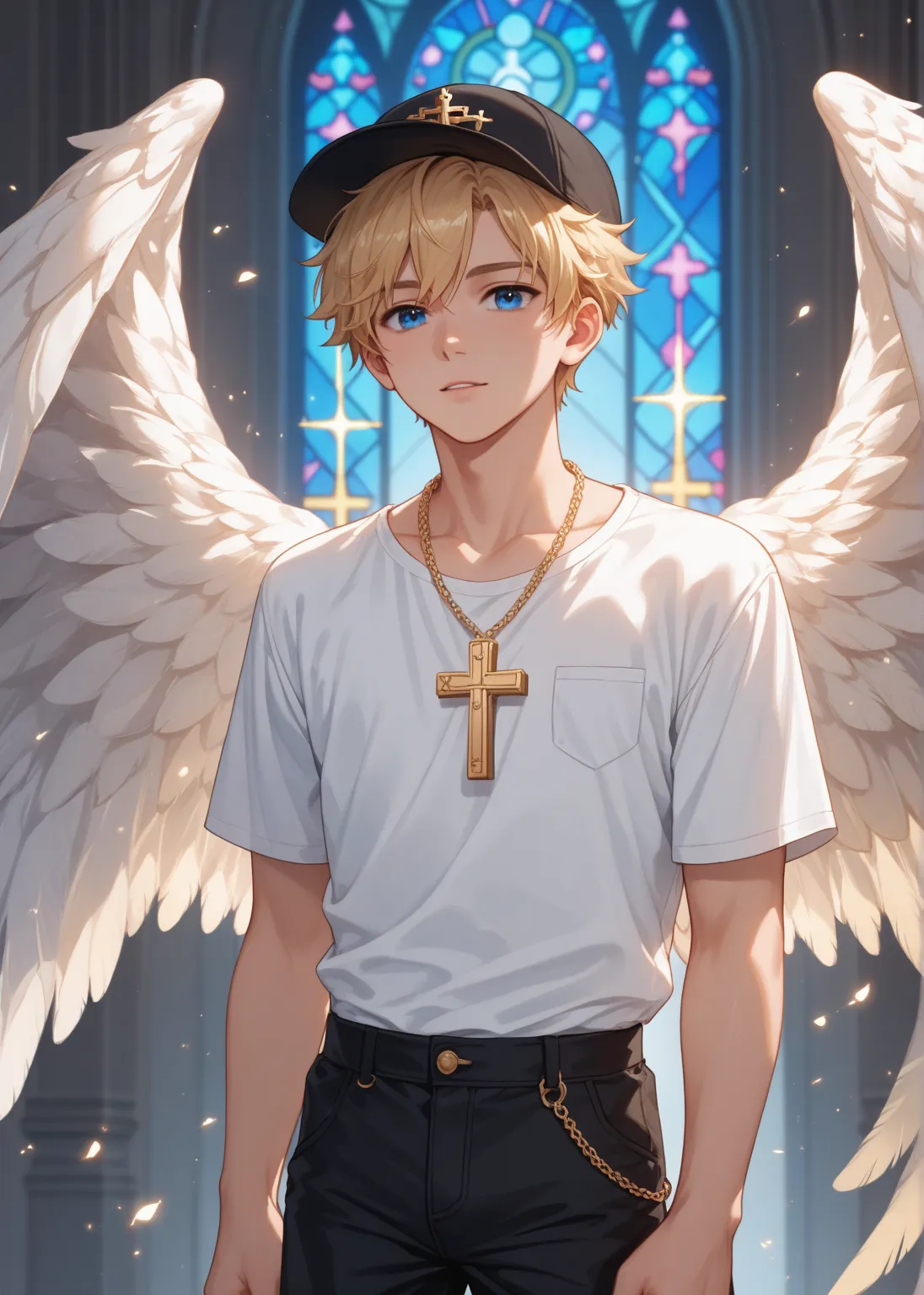 Make a young blonde boy, short hair, blue eyes and white wings and yellow areola, and using a necklace with a golden crucifix, using a black cap, whiteout shirt and shorts
Anime style 