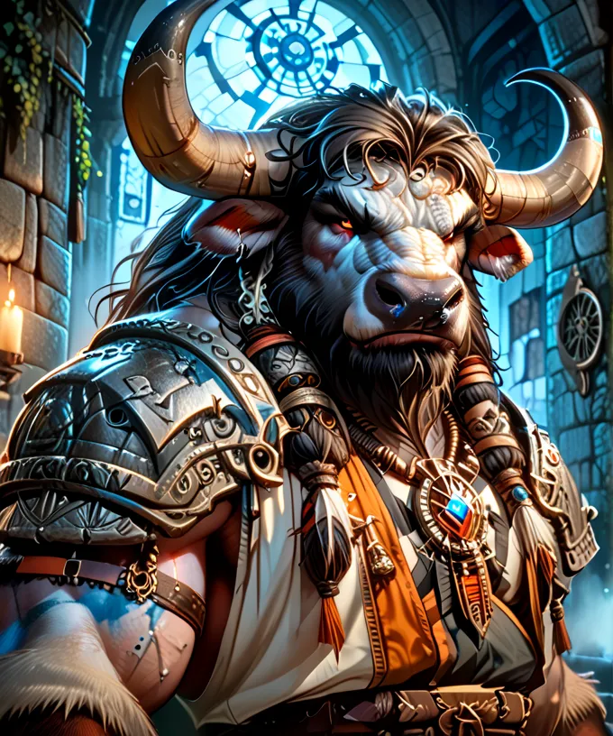 Sexy male minotaur with a smug expression.  A majestic Minotaur stands in a dimly lit labyrinthine corridor, its imposing figure illuminated by flickering torches. The creature's humanoid upper body is adorned with sexy muscular details, while its powerful...