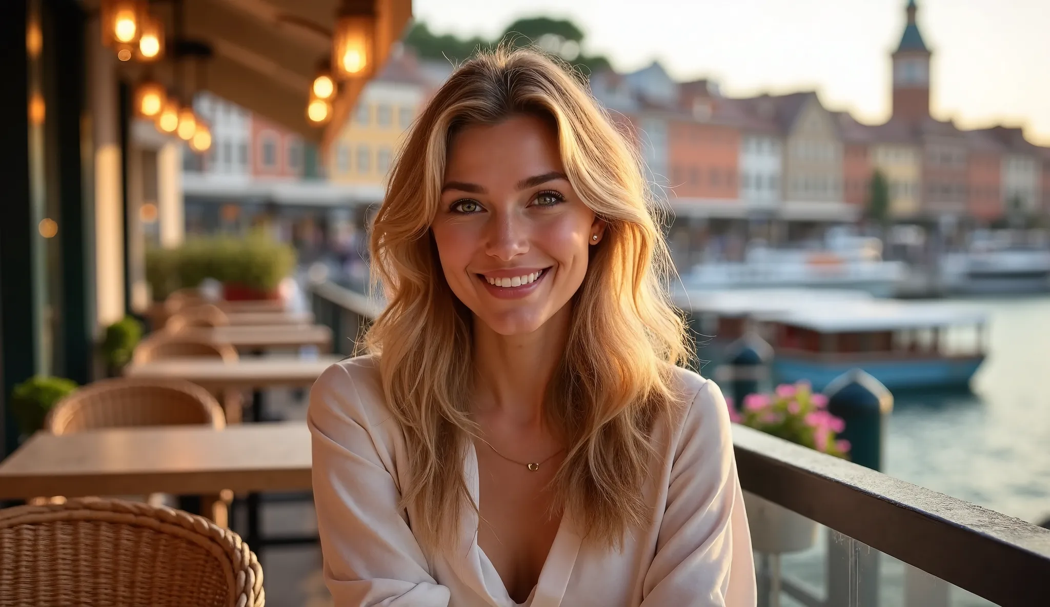 A high-resolution professional photograph of a beautiful woman sitting at a café table on the waterfront of a picturesque city. Captured in a close-up shot, her radiant smile and expressive eyes exude warmth and confidence. Her elegant yet effortless outfi...