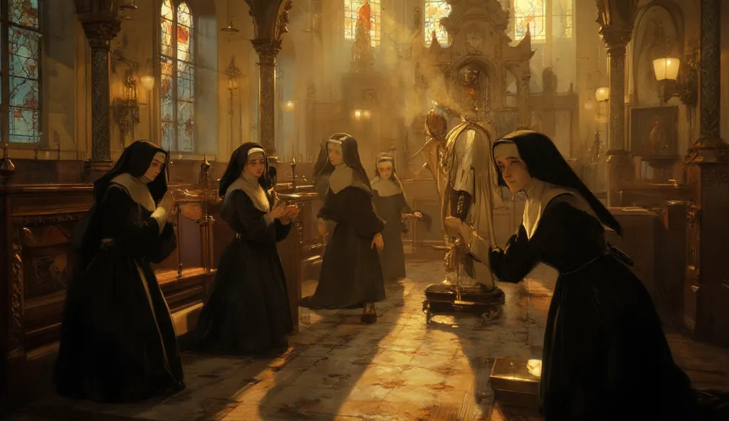 Show some nuns and following their lives and tasks at church. and a priest. At the time of 1800 (Scenario) ( highest quality ) (Cinematic Camera) 