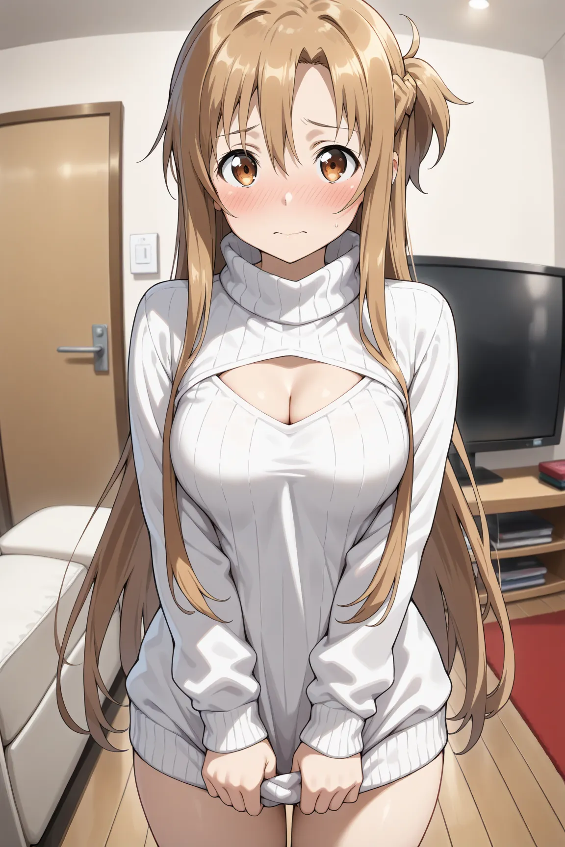 masterpiece,best quality,{{detailed beautiful face and eyes}}, very detailed background,
Yuuki Asuna,long hair,brown hair,bangs,hair between eyes,sidelocks,braided side,brown eyes,medium breasts,
white sweater,cleavage cutout,
1girl,(is embarrassing,big bl...