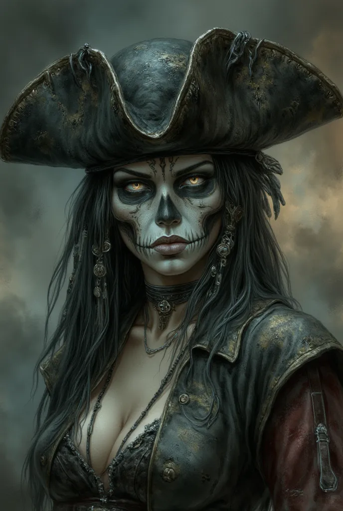 "A dark and eerie female pirate with realistic skull makeup on her face. She wears a worn and tattered pirate hat, with visible stitches and signs of decay. Her eyes are piercing and ghostly, a pale and unsettling color. Long, dark, and unkempt hair falls ...