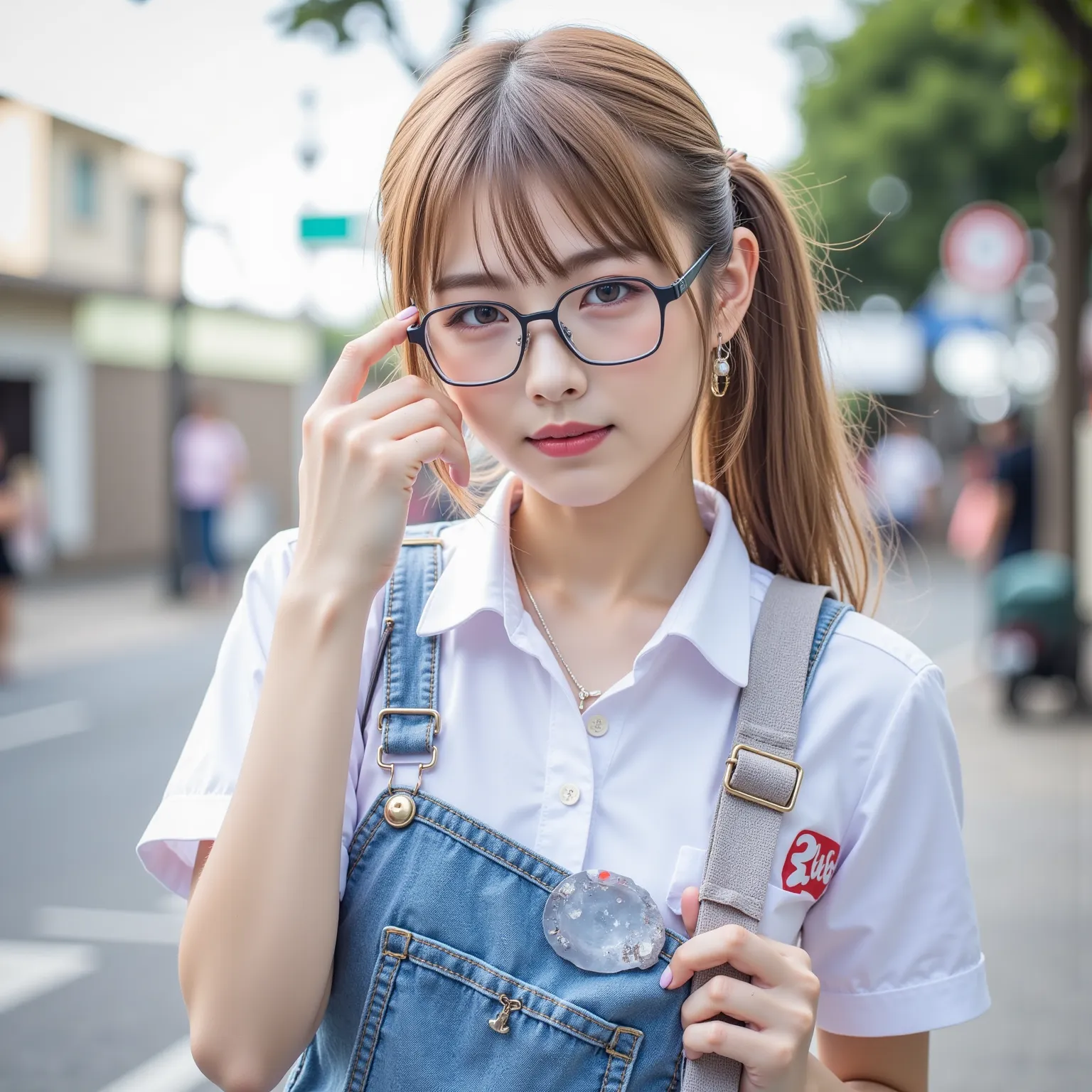 ((8K wallpaper)),((blond hair)),((short ponytail in tunic)),((big breasts,Big Breasts)),((dark eyeshadow pink with dark orange lipstick)),(( beautiful Japanese girl)),((Intelligent Glasses)),((street corner background )),((colorful manicure for nails)),((e...